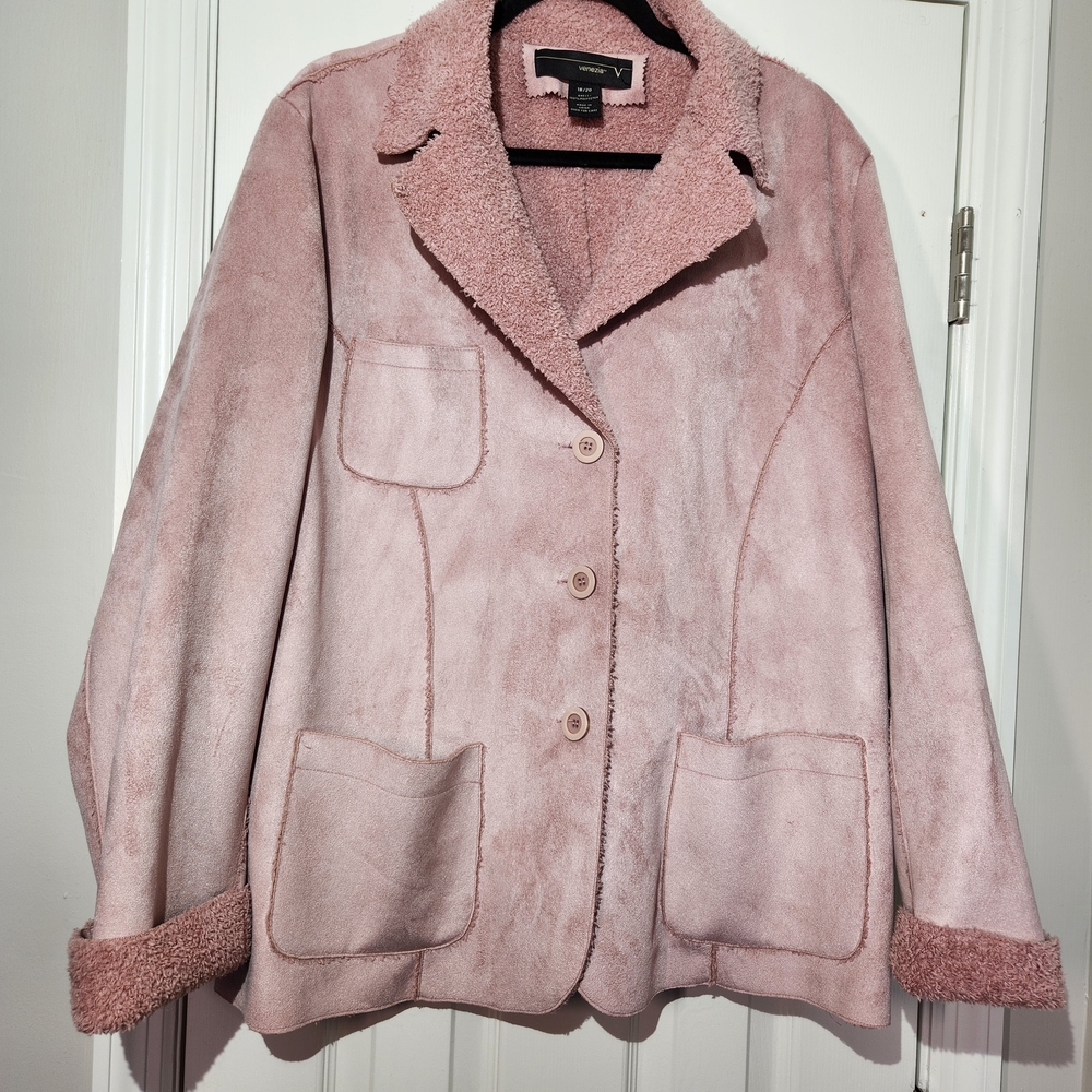 Venezia Oversized Microsuede Jacket with Teddy Lining in Blush Pink Womens 18/20